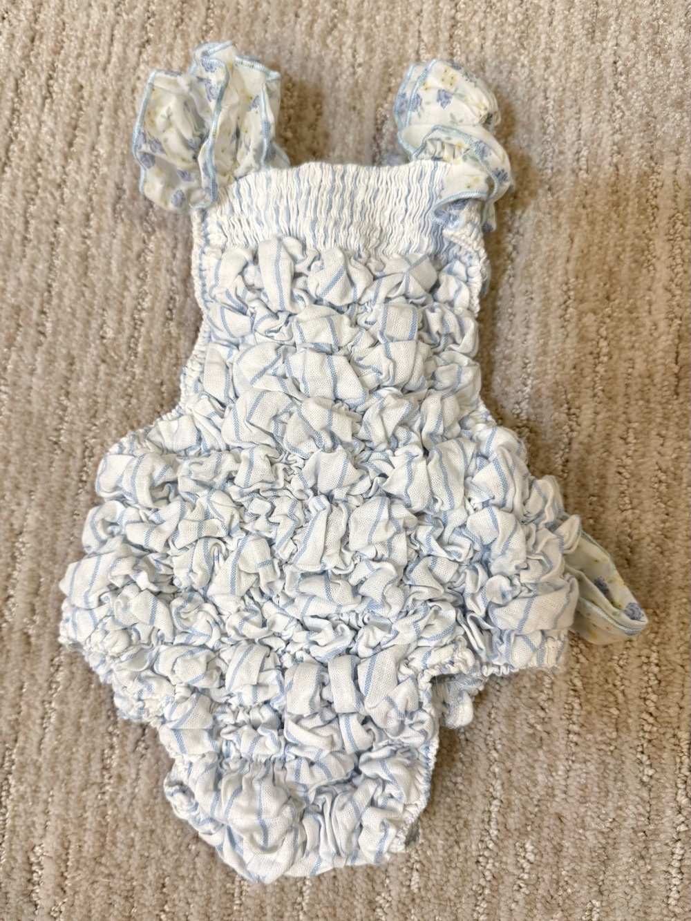 Sal & Pimenta Soft Blue Frilled Cotton Swimsuit/Romper- One Size 6m-5yr